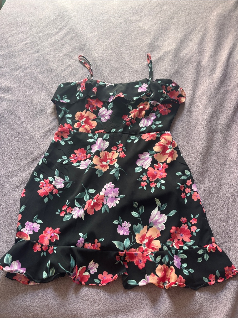 Trixxi Black Floral Ruffle Hem Mini Dress